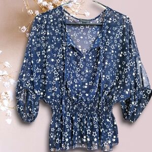 twentyone Blue Stars Top Semi-sheer Blouse Fairy Ethereal Whimsygoth Puffy / L